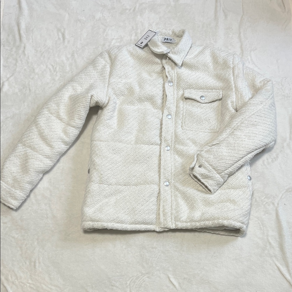PRIV Cream Tweed Puffer Shacket Button Front Coat Textured NWT Size Medium